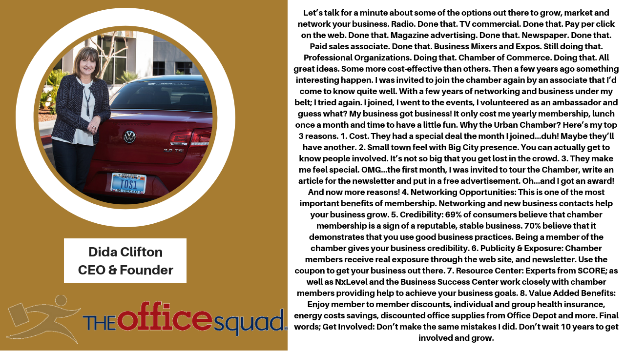 Woman standing by a car; text reads “Dida Clifton, CEO & Founder, The Office Squad”