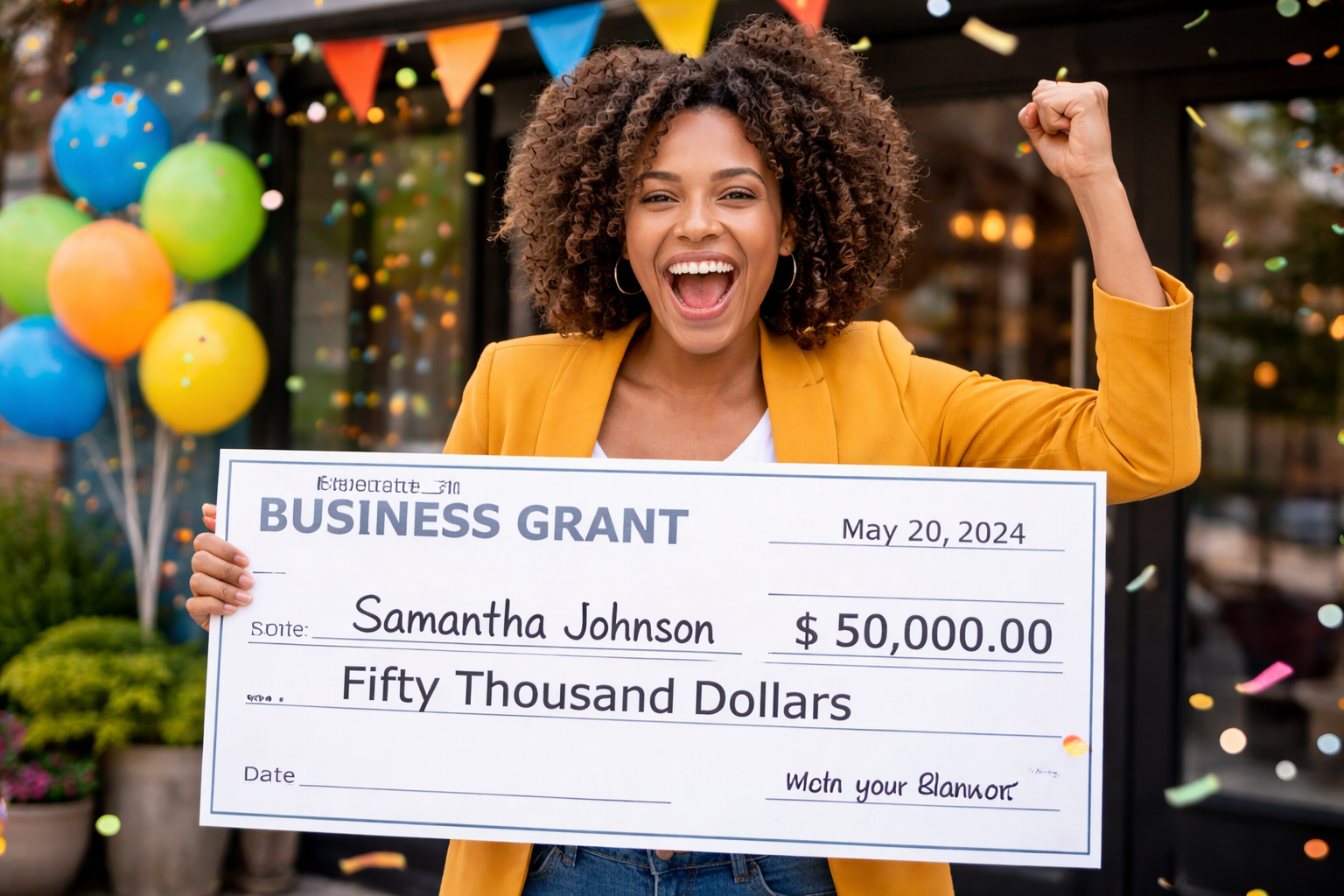 Business Woman Holding Grant Check
