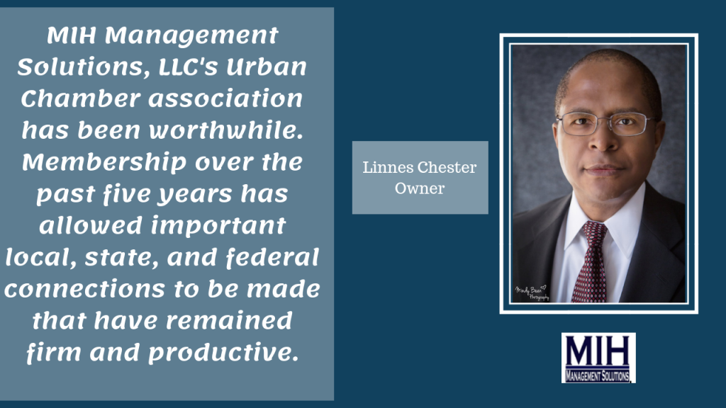 MIH Management Solutions ad. Text praises Urban Chamber membership. Includes owner's photo, Linnex Chester.