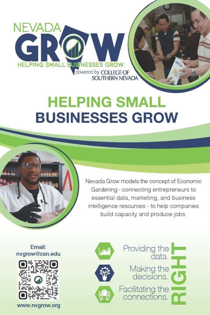 Nevada GROW poster: Helps small businesses. Features people, doctor, icons, and text.