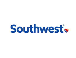 Southwest Airlines logo: blue text with heart-shaped design containing red, yellow, and blue.