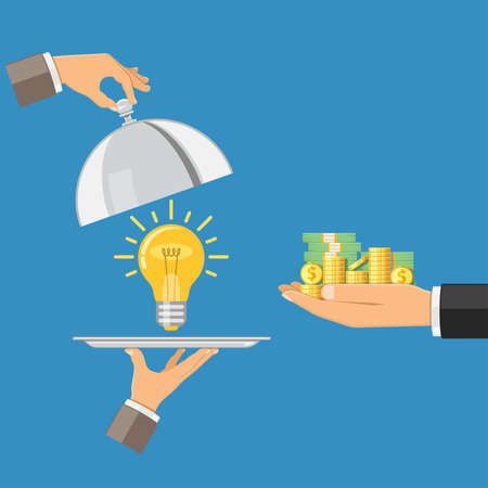 Hands exchanging money for a lightbulb idea on a platter, symbolizing investment.