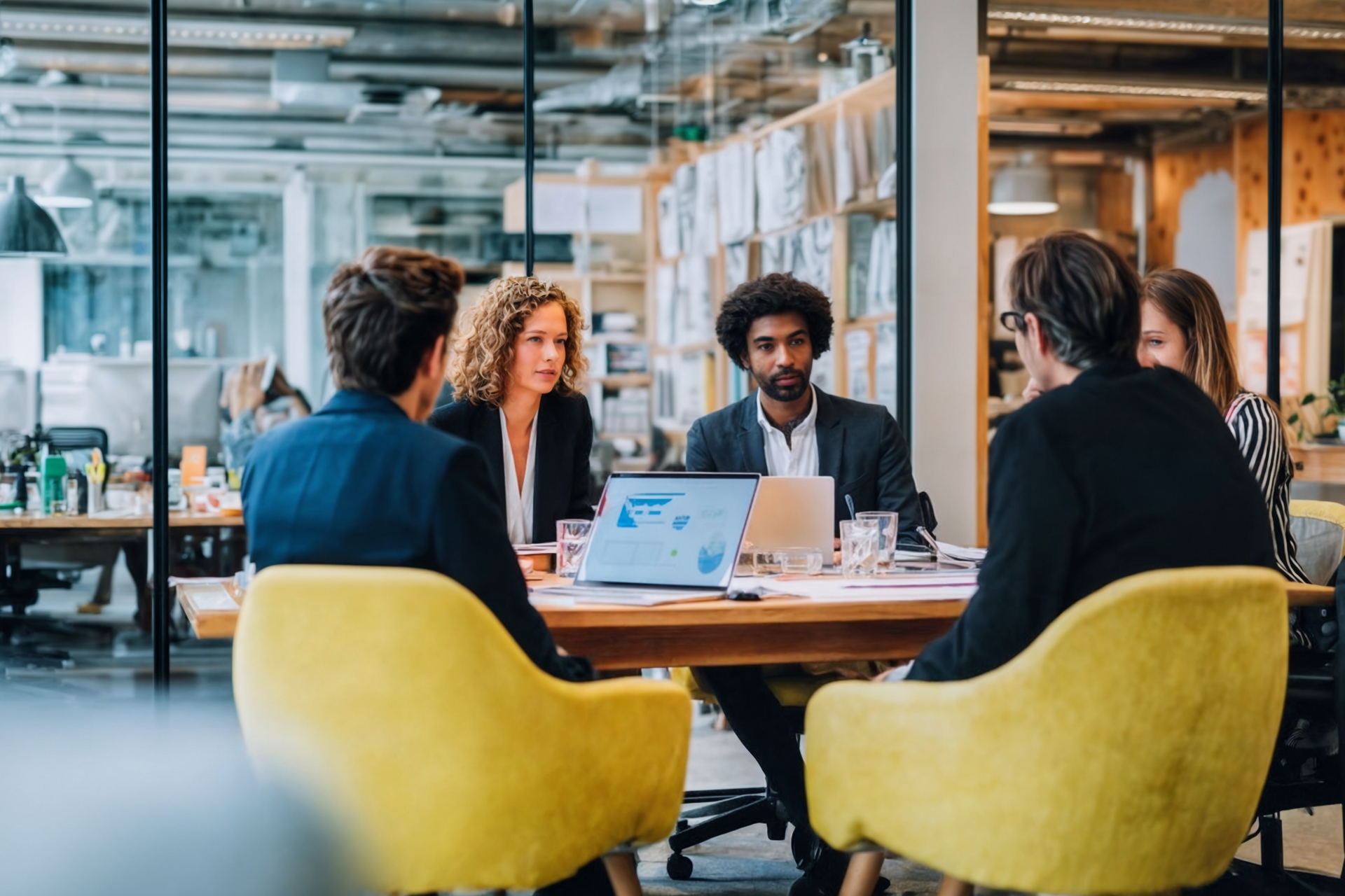 People in business attire meet around a table with a laptop, in a modern office.