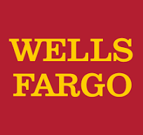 Wells Fargo logo: Yellow text on a red background.
