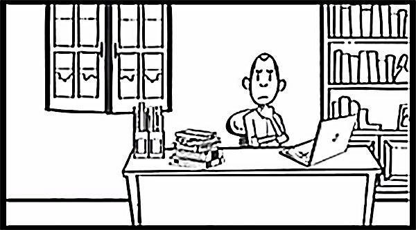 Man sitting at desk with laptop and books, looking thoughtful.