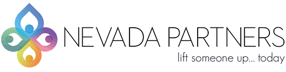 Logo for Nevada Partners with a colorful, four-petal floral design and tagline, "lift someone up... today".