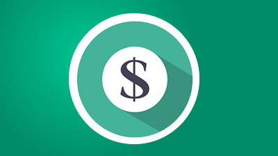 Dollar sign icon in a white circle with a long shadow, set against a teal background.