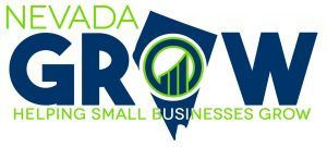 Logo for Nevada GROW, a small business assistance program. Dark blue letters "GROW" with Nevada outline, green ring graphic, and green "Nevada" and tagline.