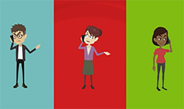 Three people talking on phones against colored backgrounds; annoyed expressions.