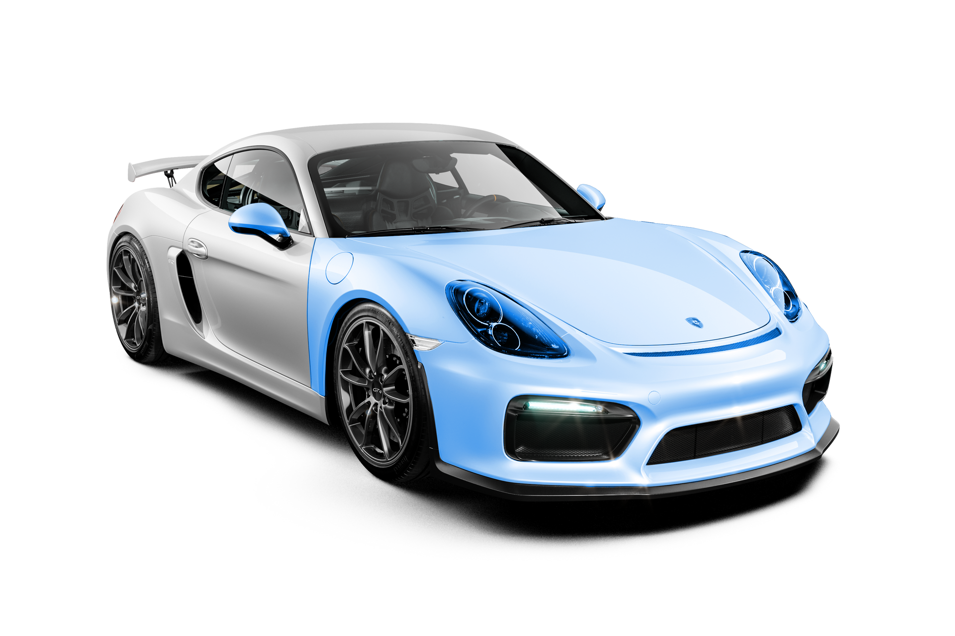 A blue porsche 911 gt4 rs is shown on a white background.
