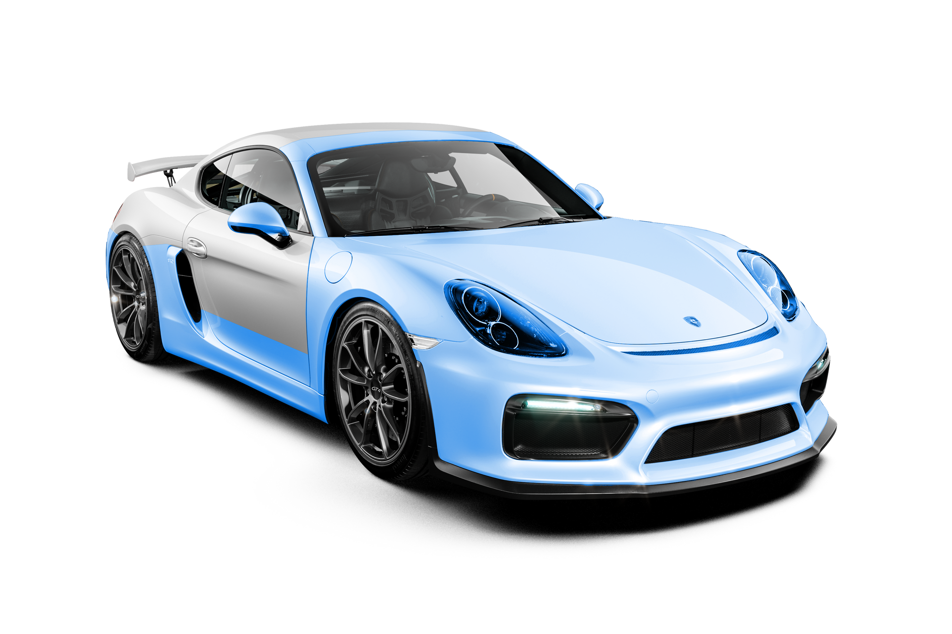 A blue porsche 911 gt4 rs is shown on a white background.