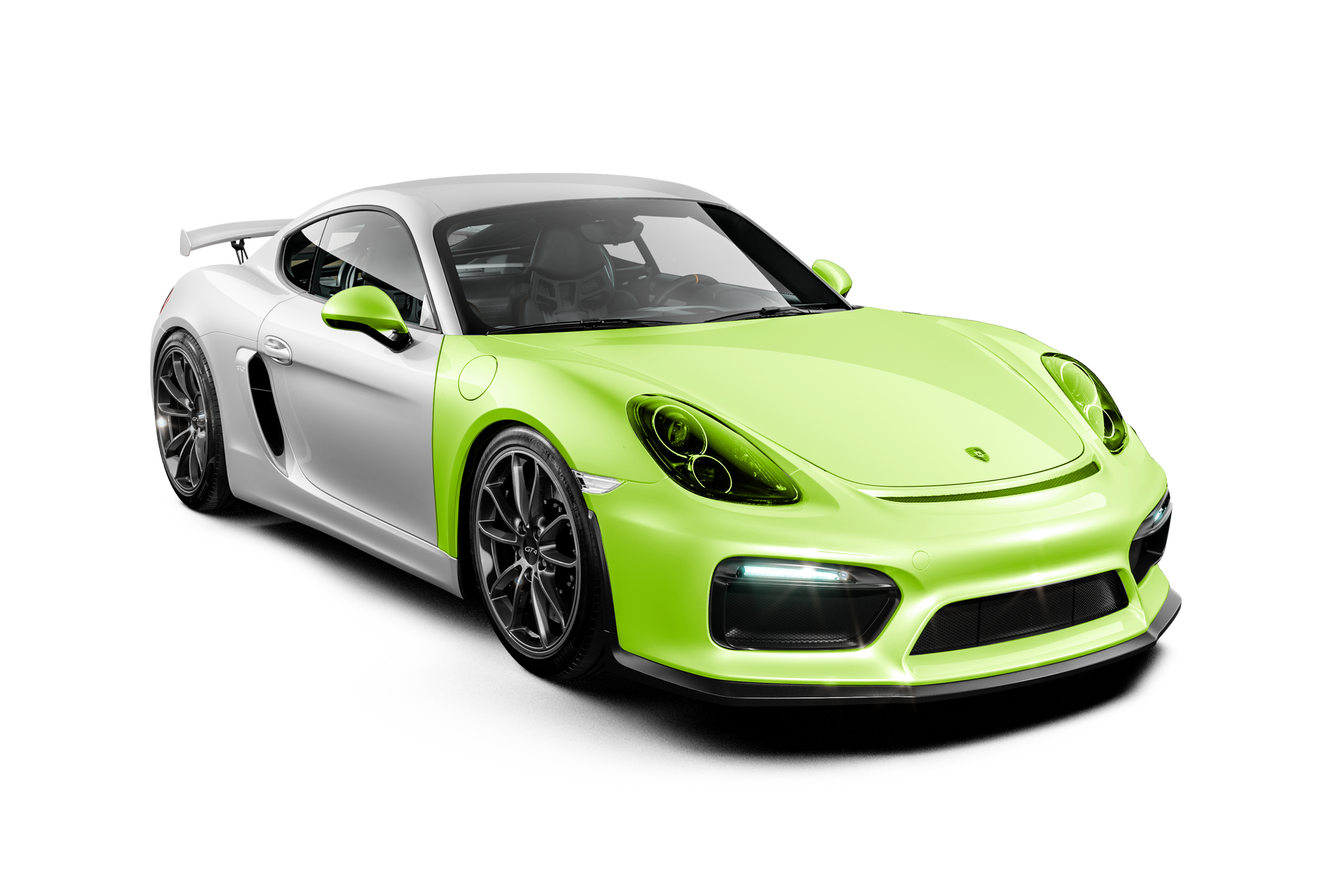 A white and green porsche 911 gt4 rs with a green paint job on a white background.