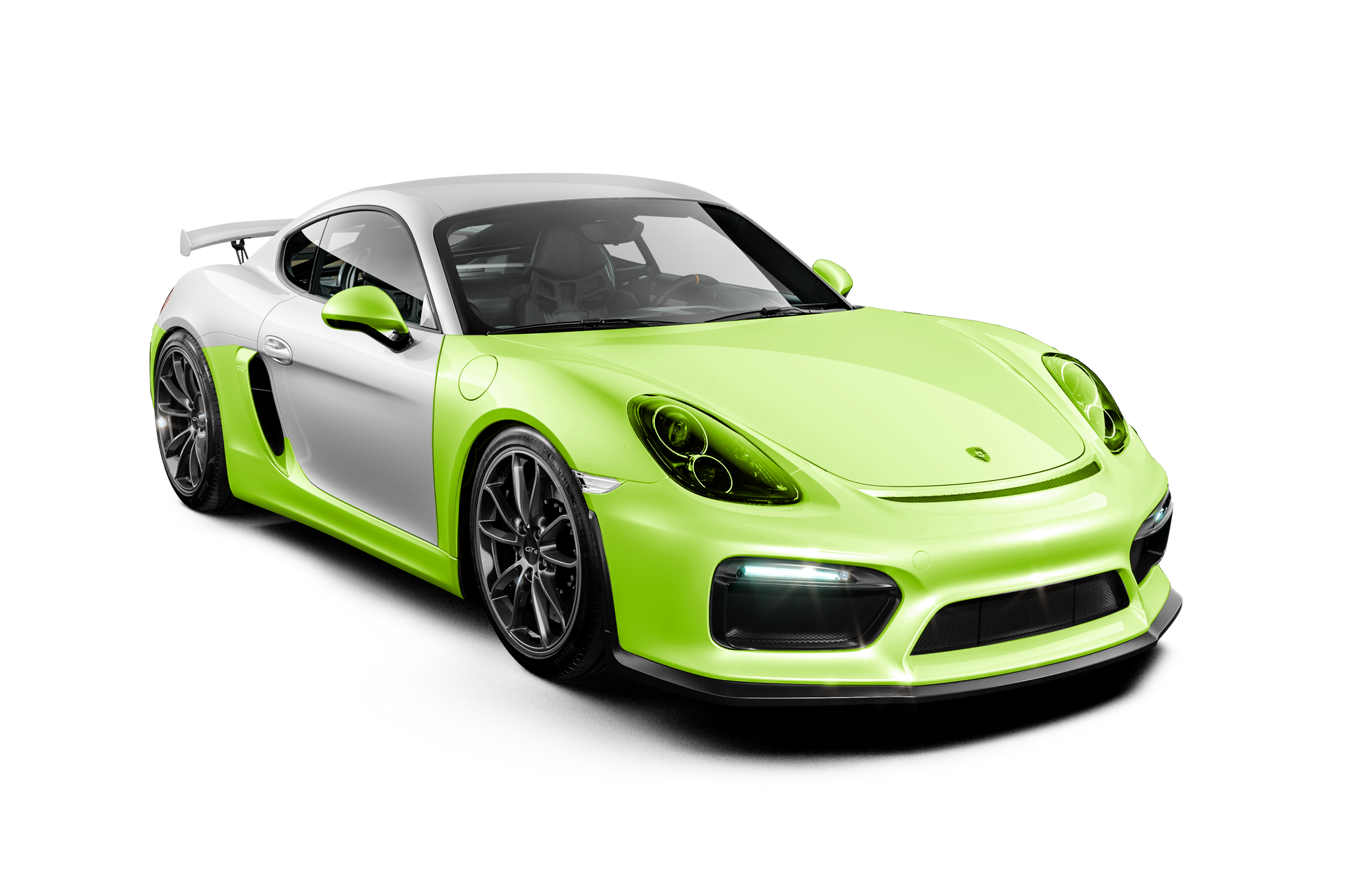 A green and white sports car on a white background.