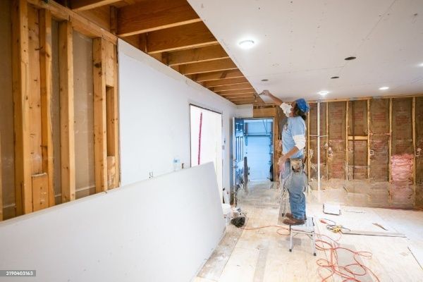 Los Angeles home renovation with drywall installation and framing in progress.