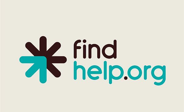Logo for findhelp.org: a dark brown star-like shape with a turquoise arrow, text 