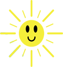 Yellow smiling sun with radiating light rays.