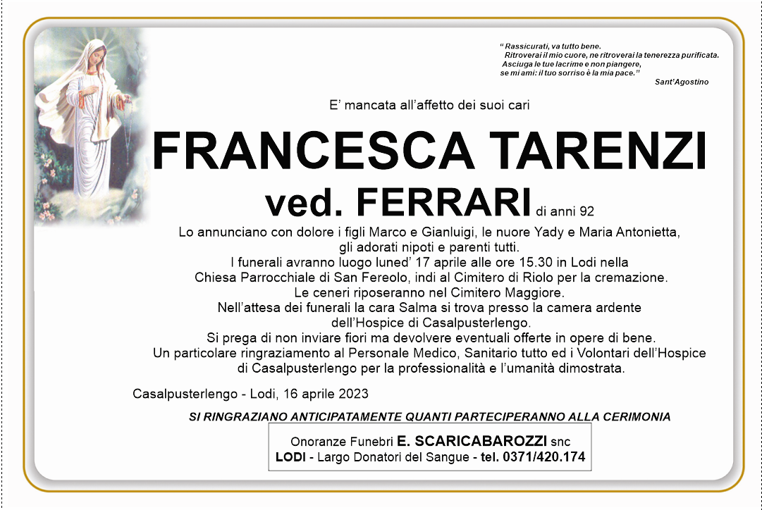 necrologio  FRANCESCA TARENZI