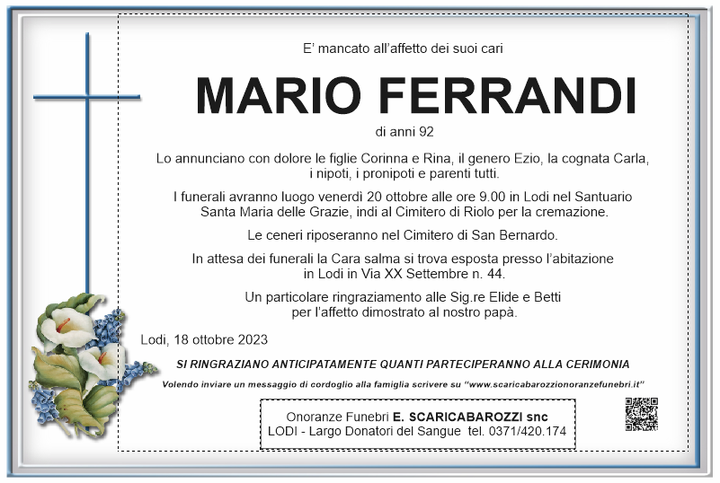 necrologio MARIO FERRANDI