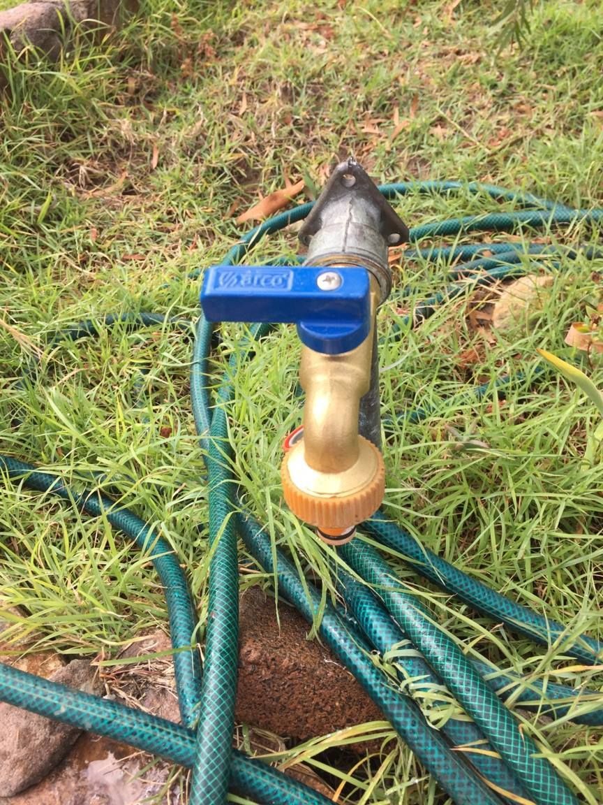 Blue-handled Water Faucet With Hose in Grassy Yard — Hunter Plumbing And Hotwater in Raymond Terrace, NSW