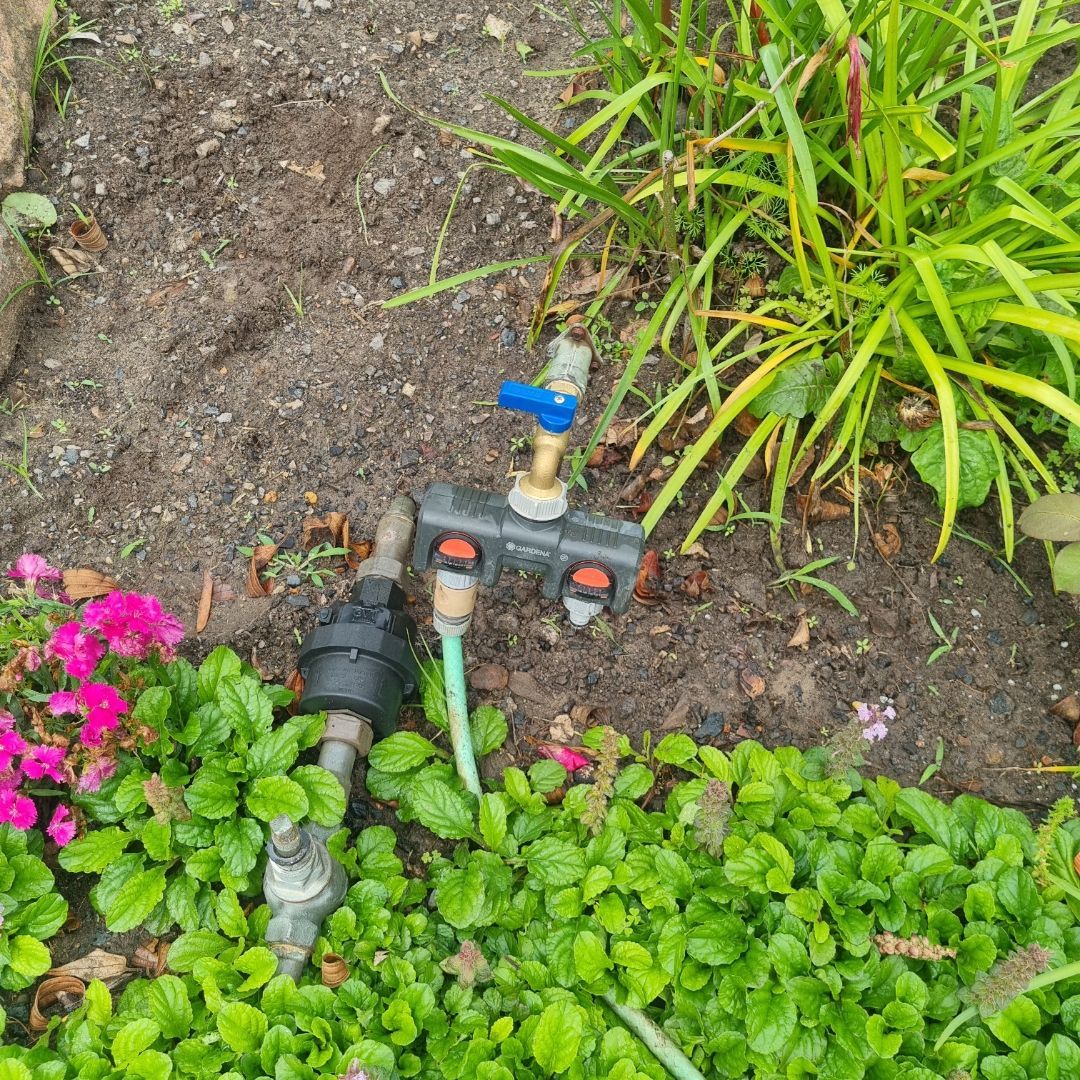 A Black Filter, Black Splitter With Three Valves, Blue Handle — Hunter Plumbing And Hotwater in Fern Bay, NSW