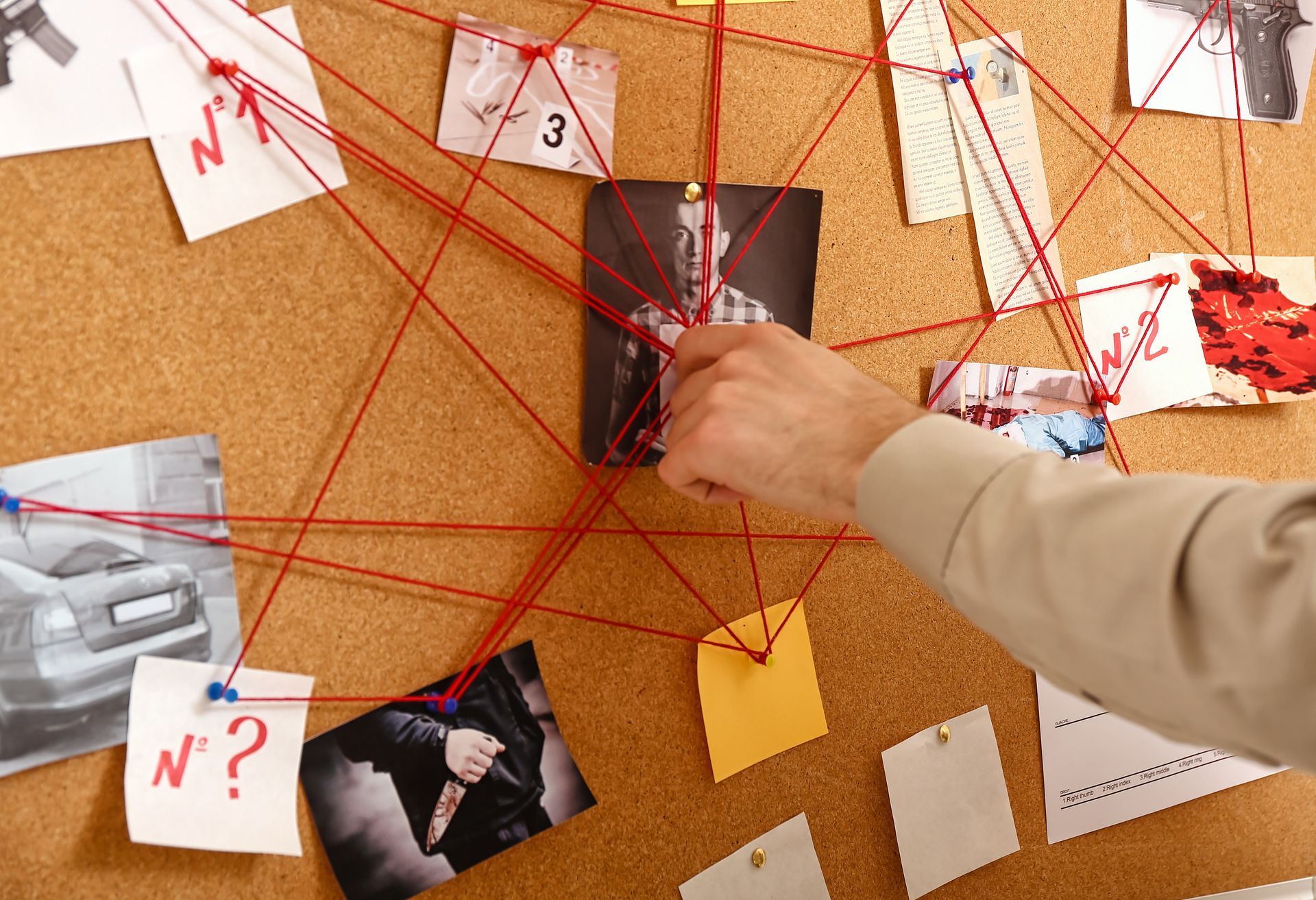Hand pinning photo on corkboard with red string connecting crime evidence.