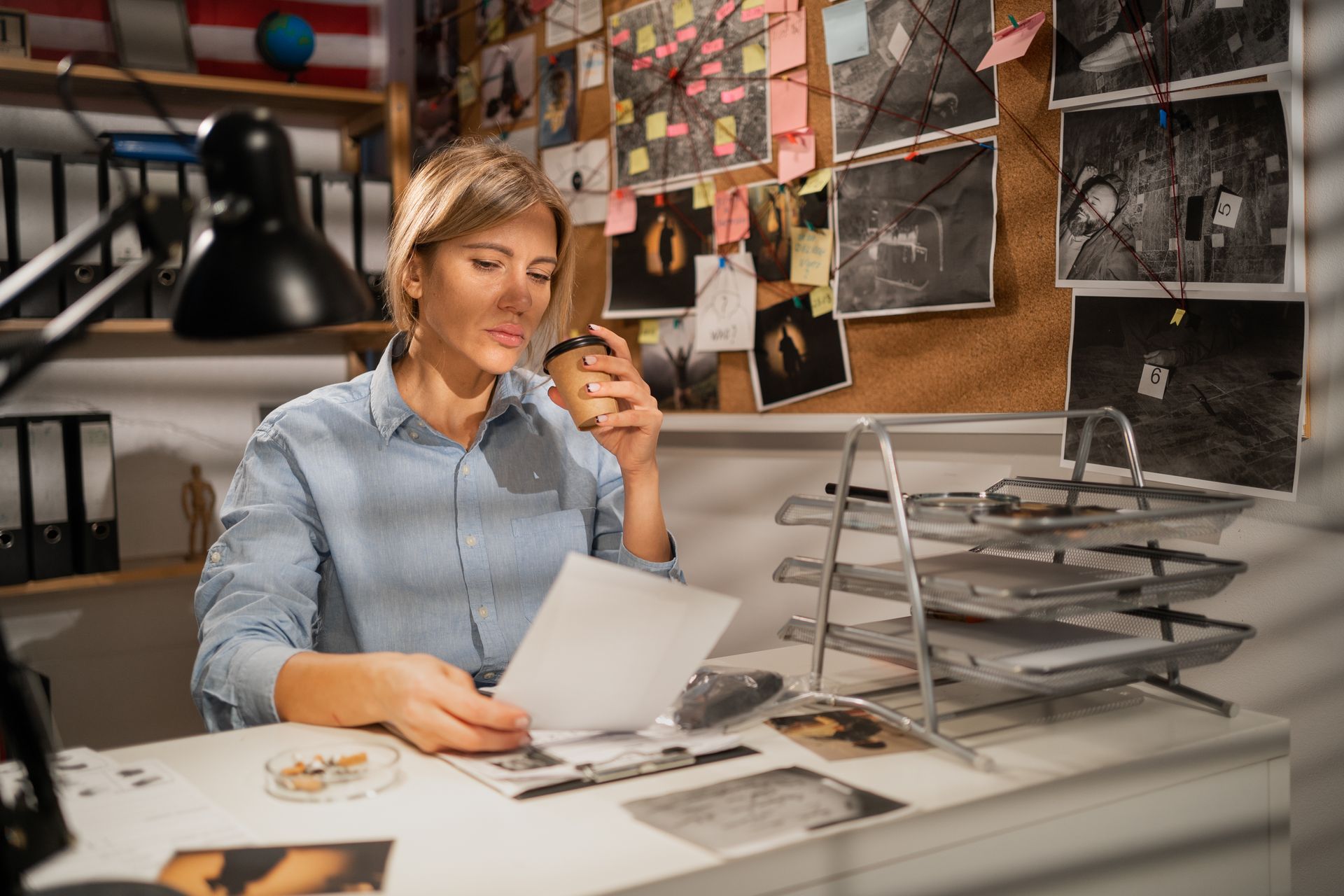 Female criminal investigator working at desk with laptop computer in her office.