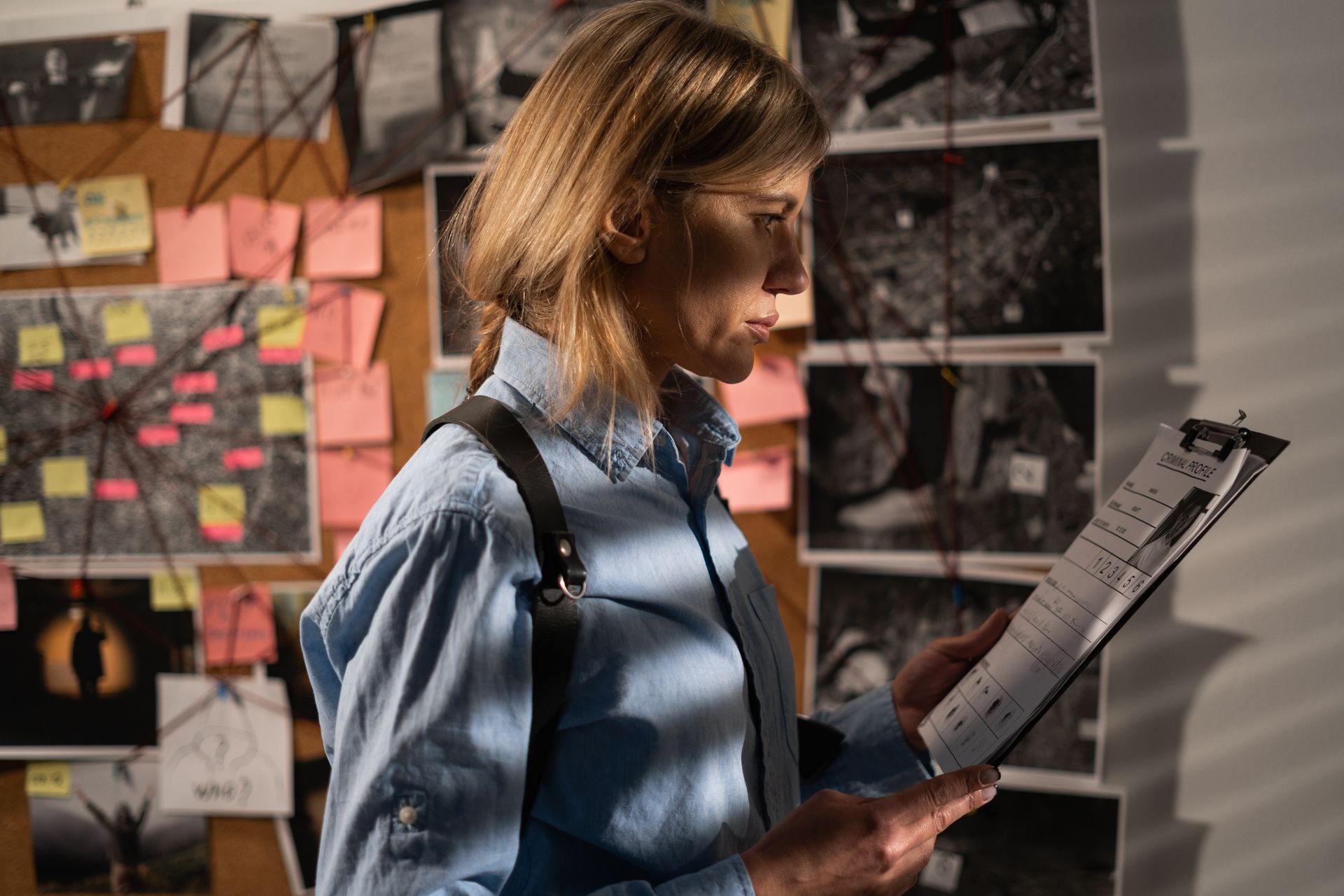 Person examining a clipboard beside an evidence board with photos and sticky notes.