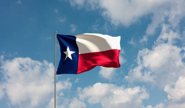 A texas flag is waving in the wind against a cloudy blue sky.