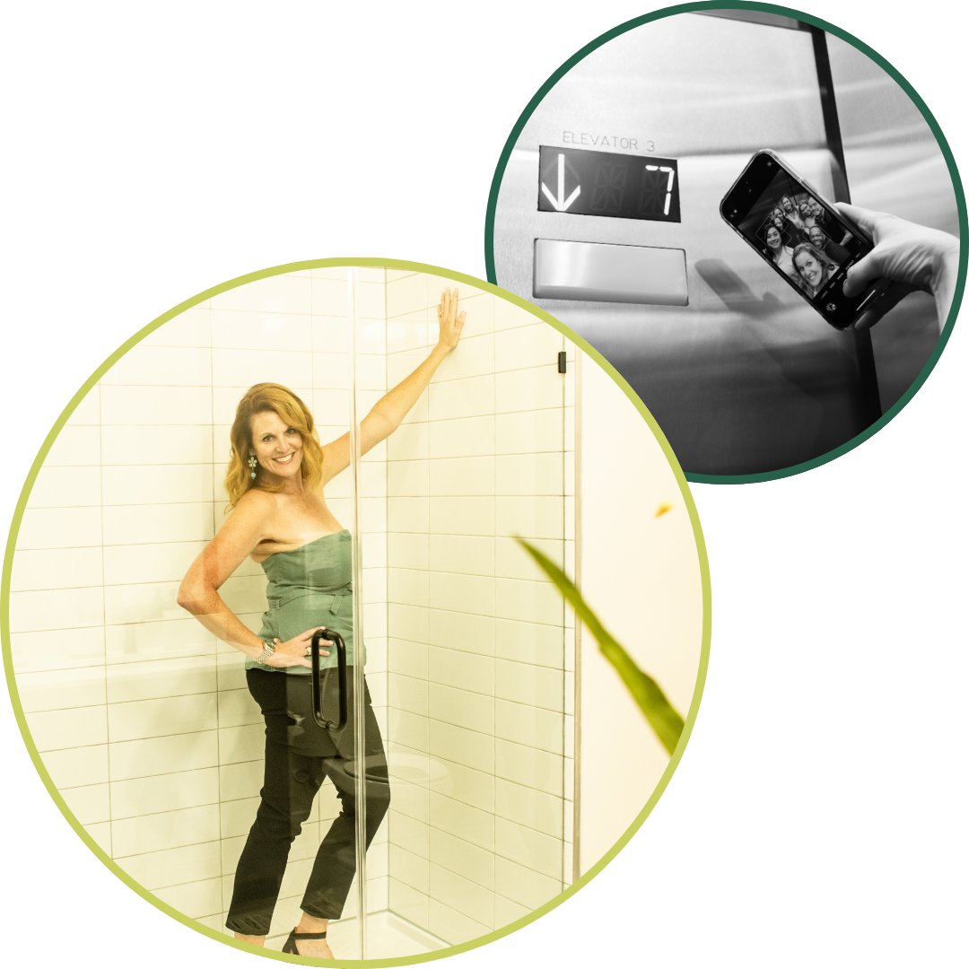 Woman in shower, smiling. Top right: Hand using phone, next to elevator button with arrow down.