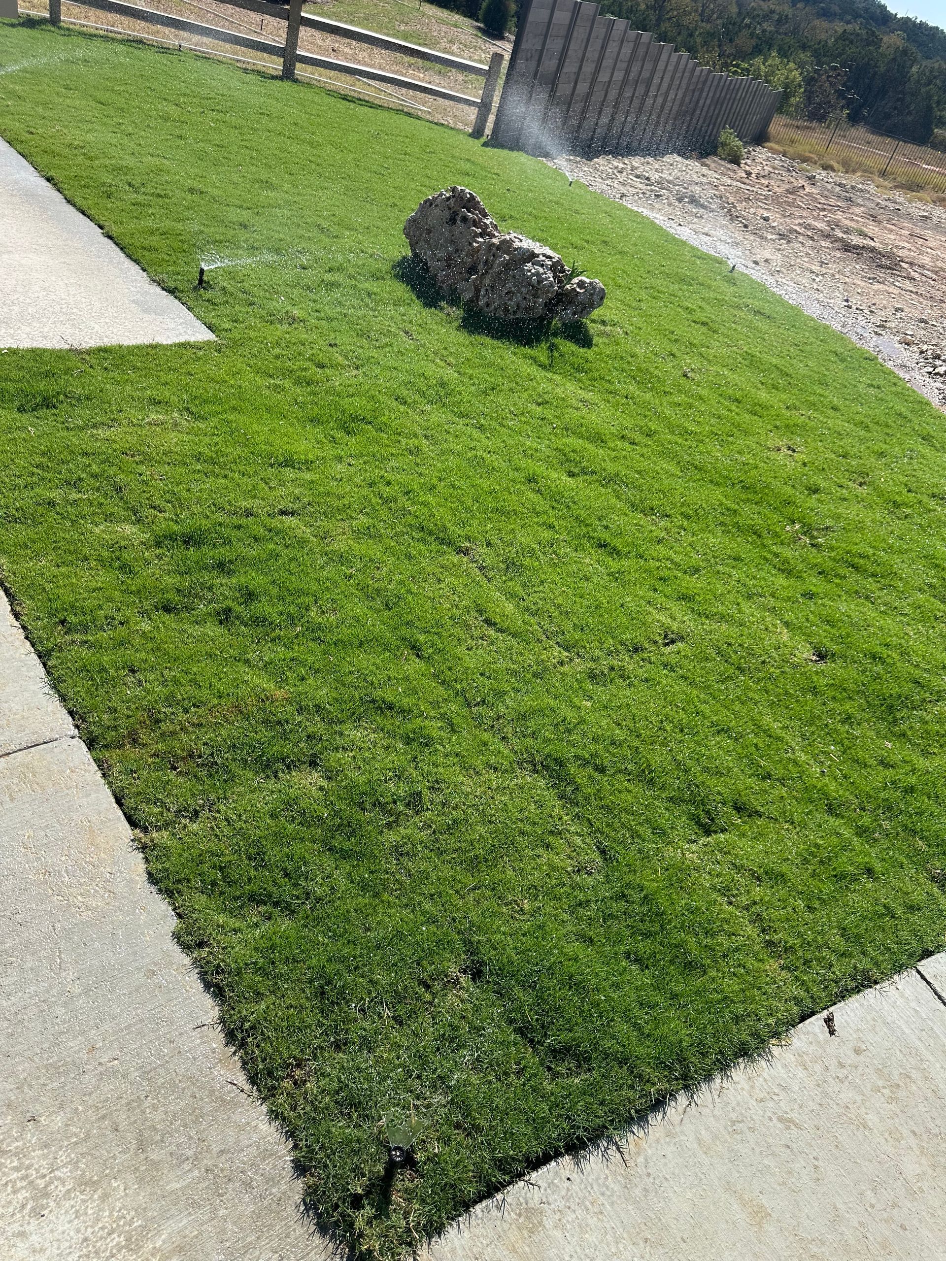A lush green lawn next to a sidewalk and a fence.
