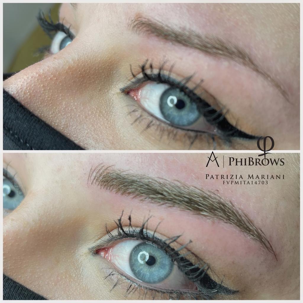 Una foto prima e dopo delle sopracciglia di una donna.