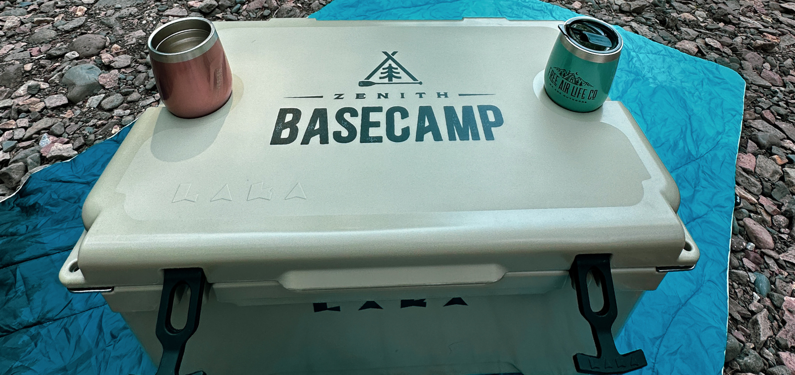 A tan cooler with the word 