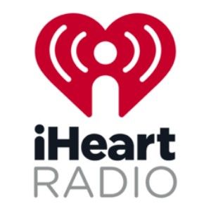IHeart Radio logo. Red heart shape with antenna waves, above dark text 