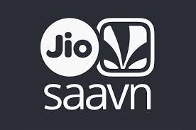 Jio Saavn logo: white text and icons on a dark gray background. The Jio logo is a white circle with 