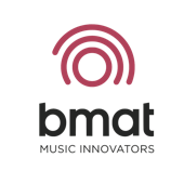Logo for BMAT, a music technology company. Features a maroon waveform above the word 