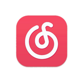 Red app icon with a rounded square shape, featuring a white, swirling design on the front.