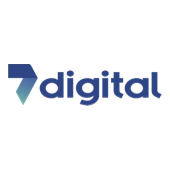 Logo of 7digital: blue text and a geometric arrow symbol pointing right with a gradient of blue.