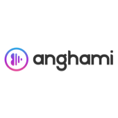 Anghami logo with a purple-pink musical note icon and the brand name in dark gray text.