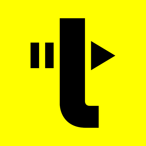 Black abstract symbol on a yellow background. It includes pause and play icons, with a downward hook shape.