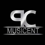 A silver logo for music cent on a black background