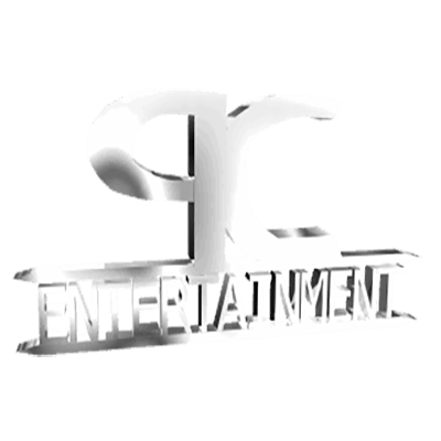 A silver entertainment logo on a white background