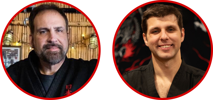 Two men are standing next to each other in red circles.