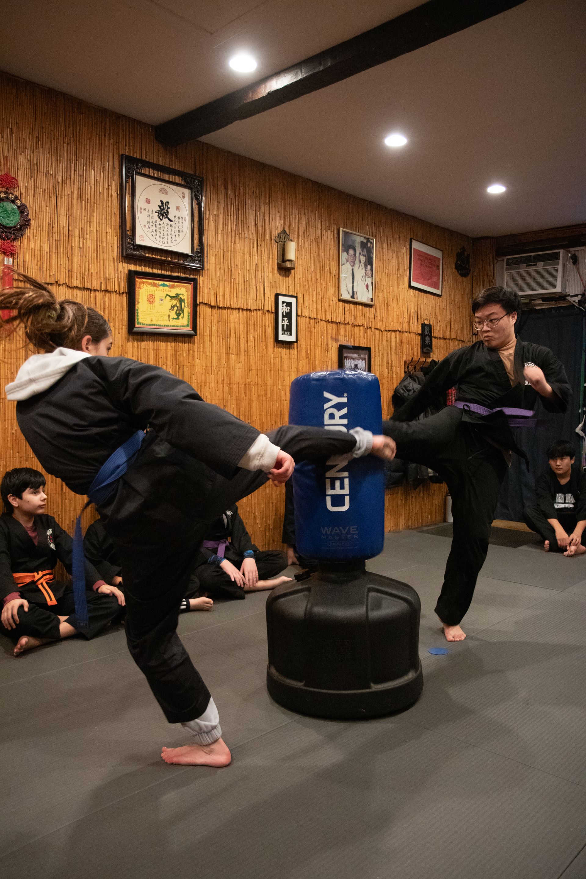 A group of people are practicing martial arts in a gym.