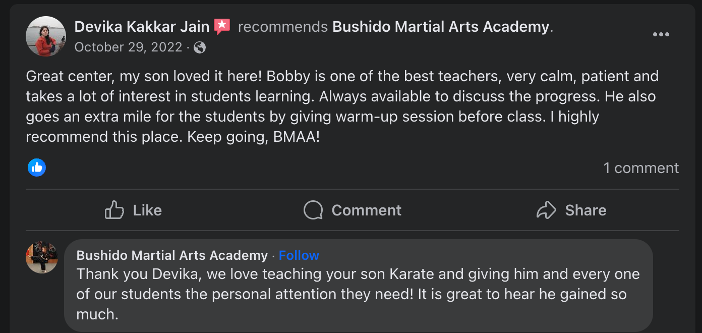 A facebook page with a review of a martial arts academy.