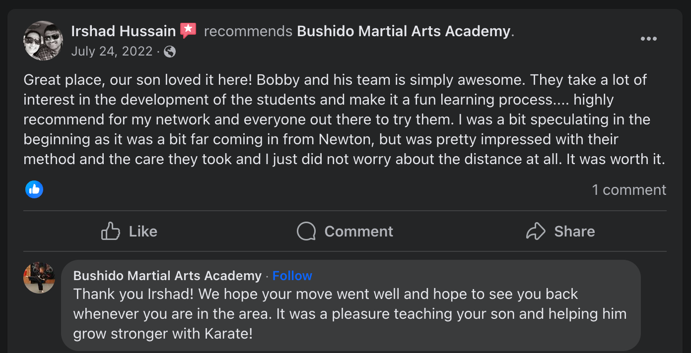 A facebook post that says `` great place our son loved it here bobby and his year is simply awesome.