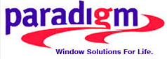 A logo for a company called paradigm window solutions for life.