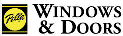 The logo for pella windows and doors has a yellow circle in the middle.