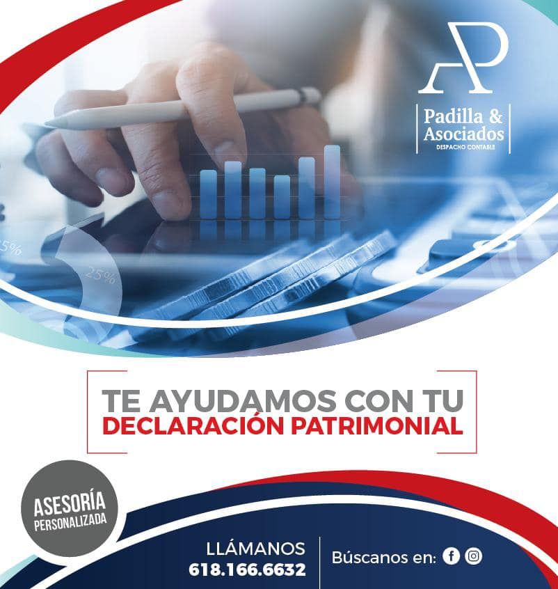 Anuncio de Padilla & Asociados: Ayuda con la declaración patrimonial. Mano con bolígrafo sobre gráficos y monedas.