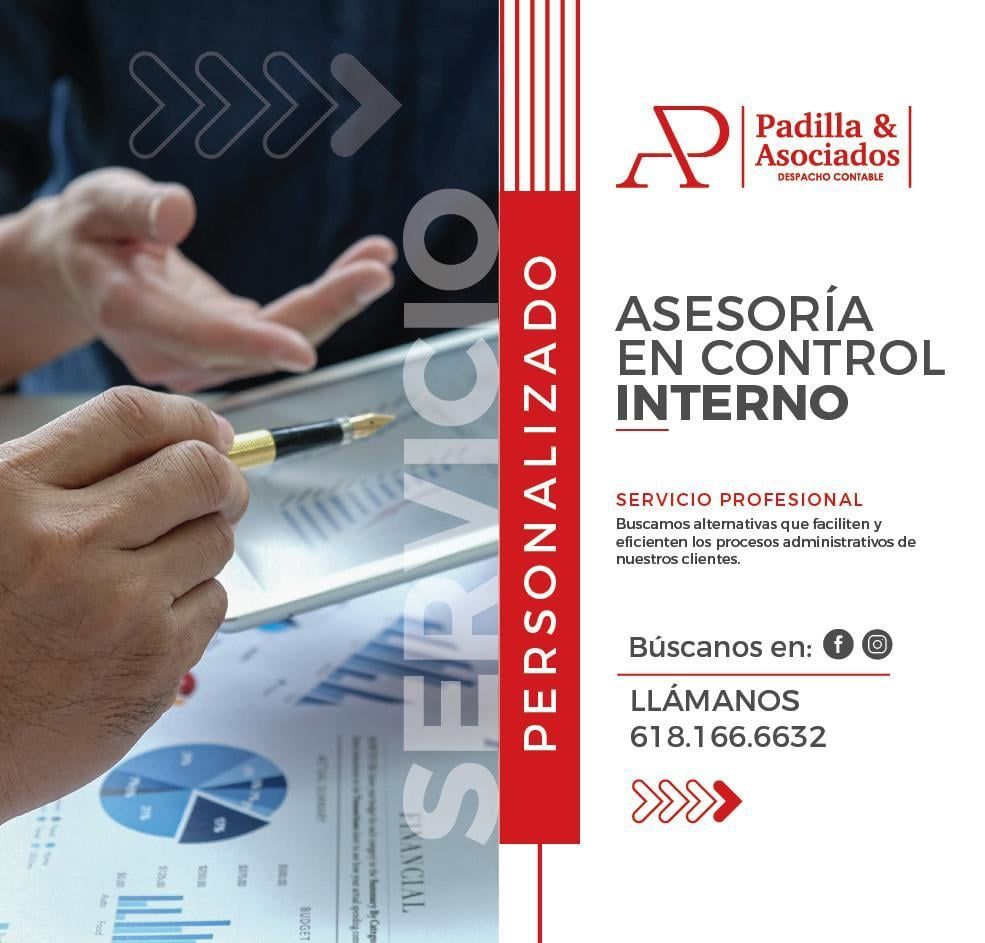 Anuncio de servicios de consultoría en control interno de Padilla & Asociados. Incluye una foto de dos personas revisando documentos.