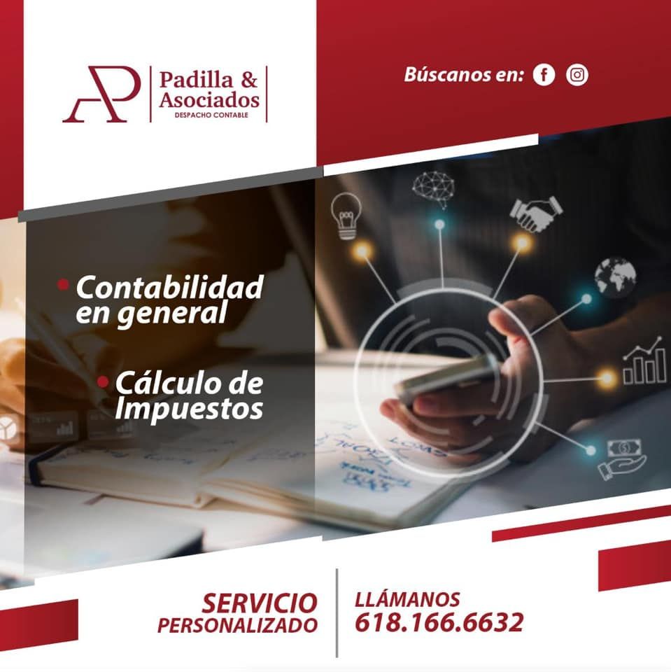 Anuncio de Padilla & Asociados: Servicios de contabilidad. Incluye logotipo, servicios ofrecidos e información de contacto.